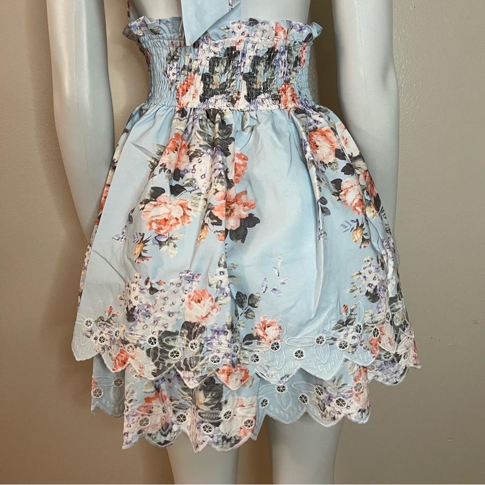 Light blue floral print halter neck deep V-neck ruffle scalloped hem mini dress - Picture 6 of 12